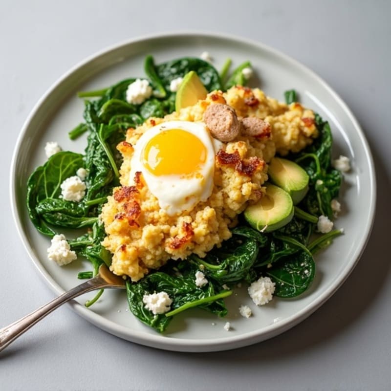 Egg White and Turkey Sausage Scramble with Sautéed Spinach