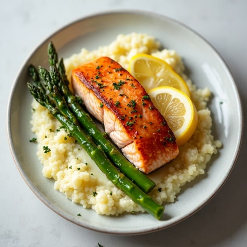 Seared Salmon Fillet with Roasted Asparagus and Cauliflower Mash