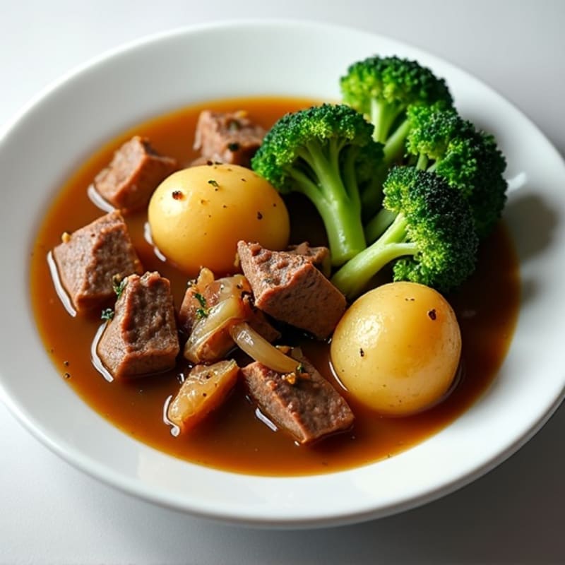 Beef and Potato Stew with Steamed Broccoli