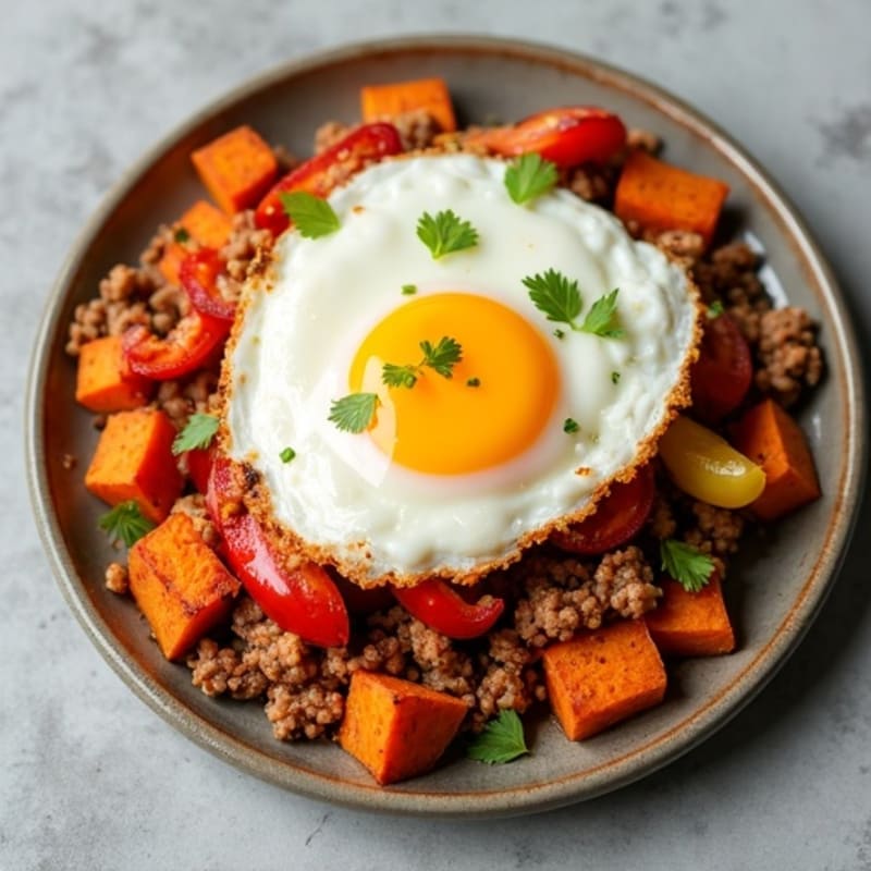 Crispy Sweet Potato and Lean Turkey Hash with Sunny-Side Up Eggs