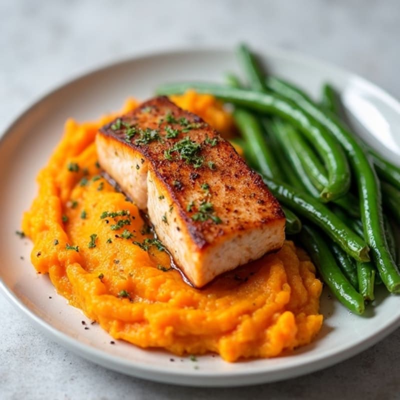 Seared Salmon with Garlic Green Beans and Sweet Potato Mash