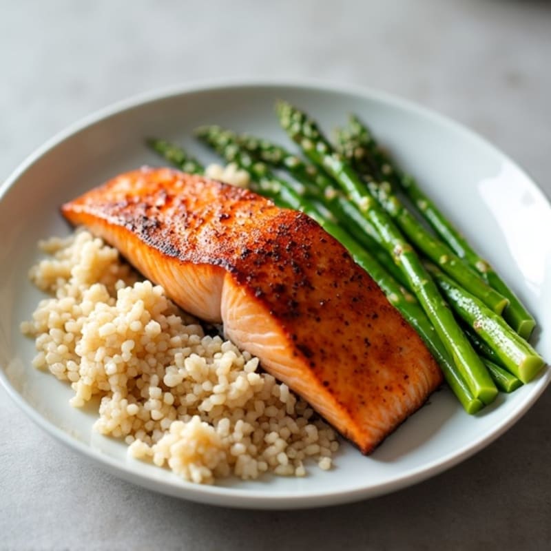 Seared Salmon with Steamed Asparagus and Brown Rice
