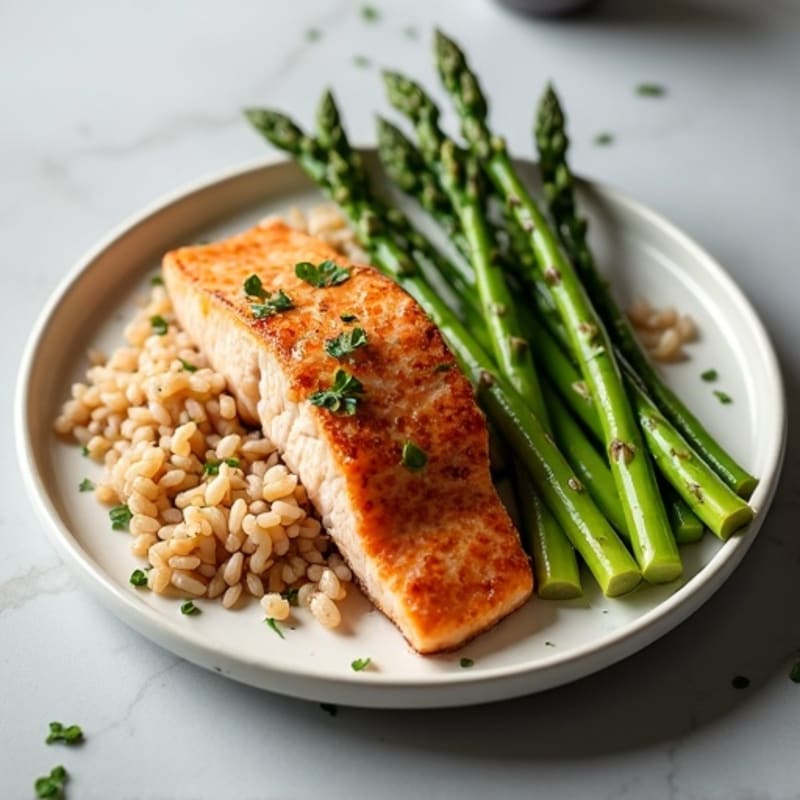 Seared Salmon with Steamed Asparagus and Brown Rice