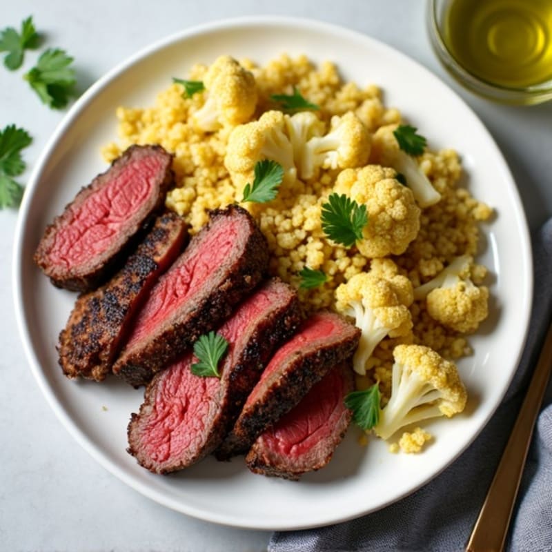 Seared Lean Beef Strips with Roasted Cauliflower and Lemon Herb Quinoa