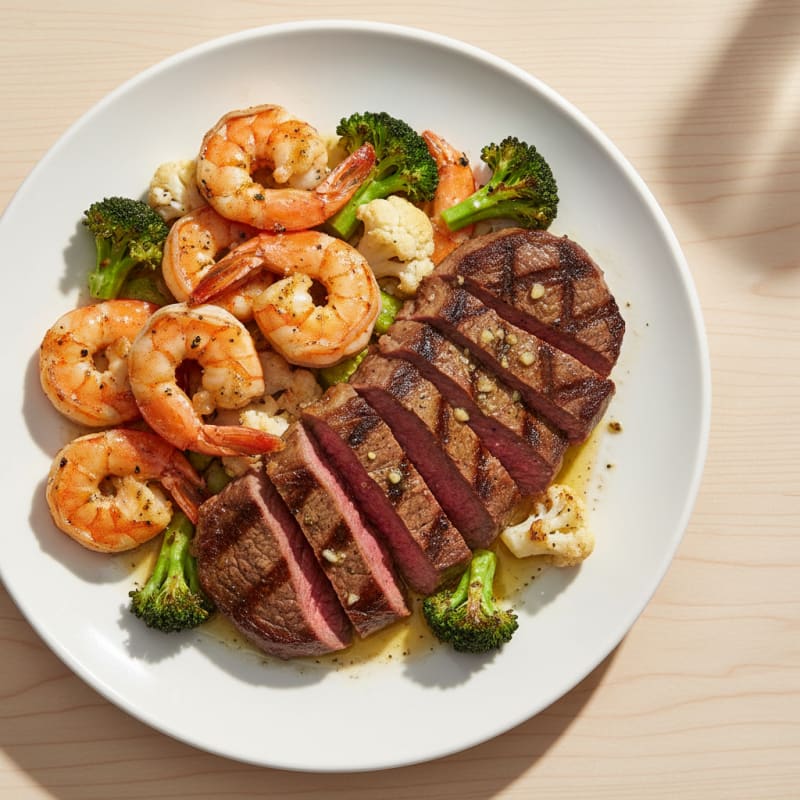 Pan-Seared Steak and Shrimp with Roasted Broccoli and Cauliflower