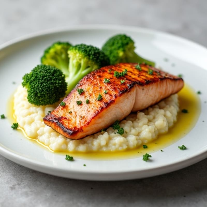 Seared Salmon with Steamed Broccoli and Cauliflower Mash