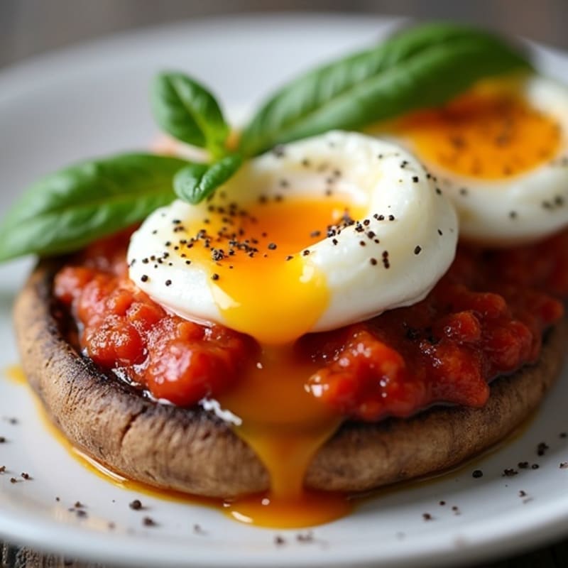 Portobello Mushrooms with Molten Goat Cheese and Rich Tomato Sauce