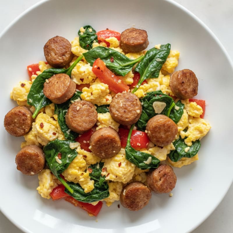 Egg White Scramble with Turkey Sausage and Sautéed Spinach