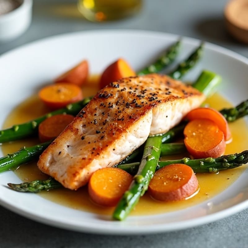 Seared Salmon with Roasted Sweet Potatoes and Asparagus