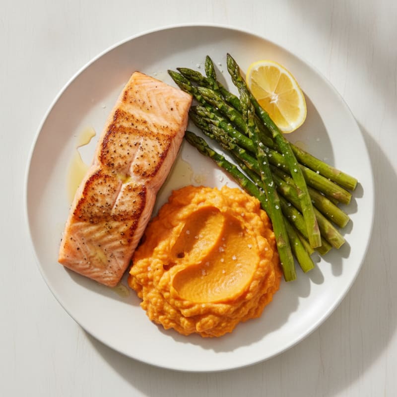 Seared Salmon Fillet with Roasted Asparagus and Sweet Potato Mash
