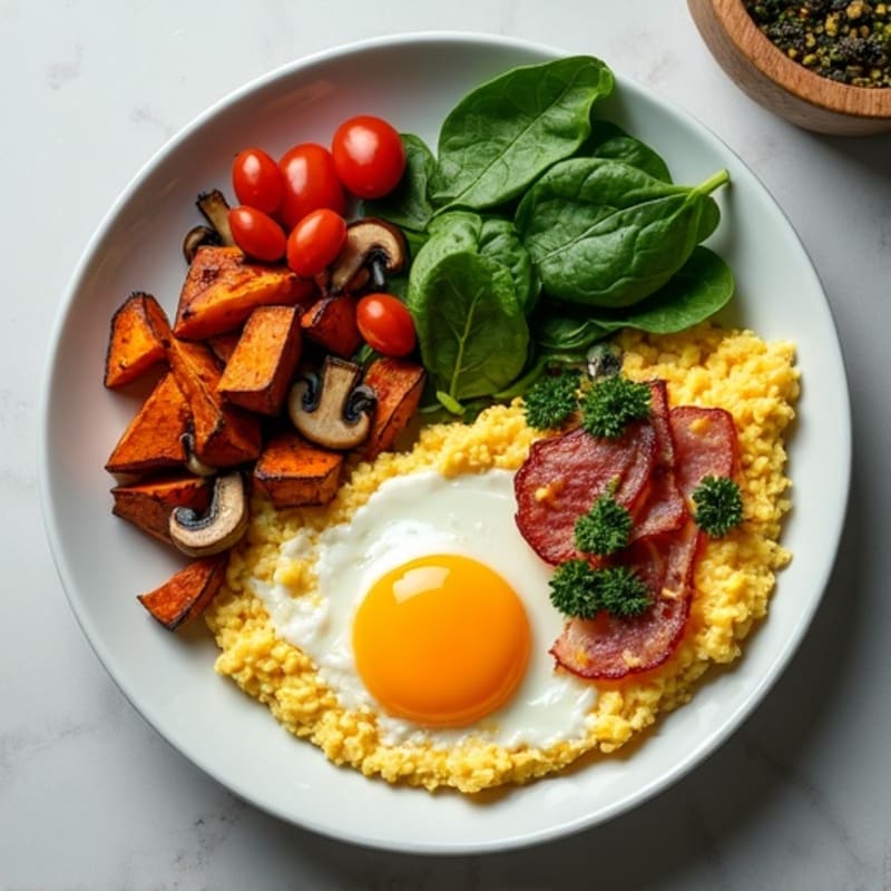 Crispy Turkey Bacon and Spinach Egg White Scramble with Roasted Sweet Potatoes