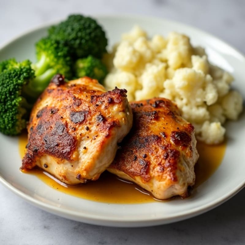Roasted Chicken Thighs with Steamed Broccoli and Garlic Mashed Cauliflower