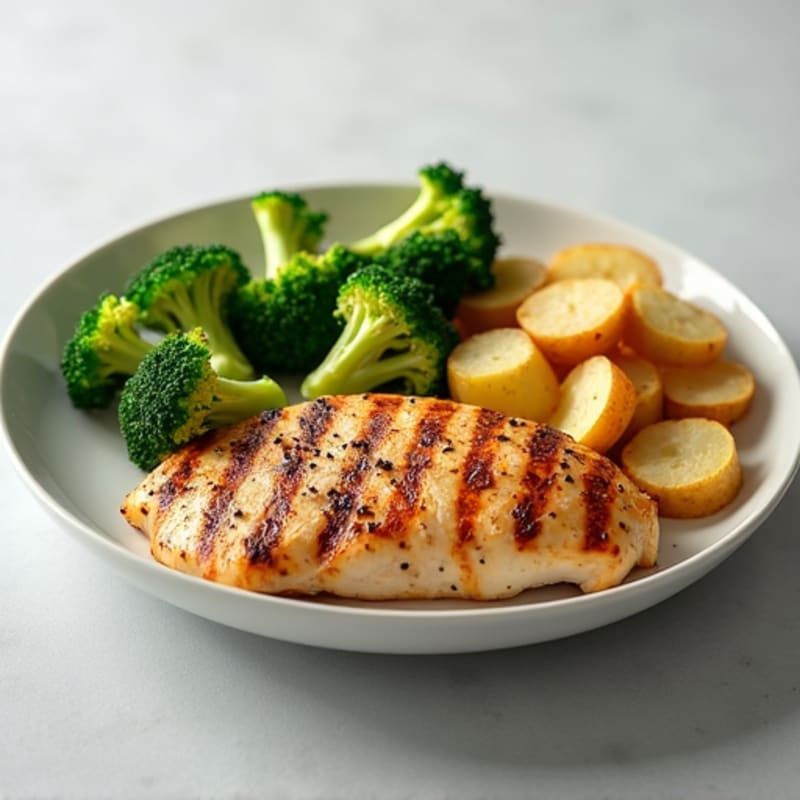 Grilled Chicken Breast with Roasted Potatoes and Steamed Broccoli