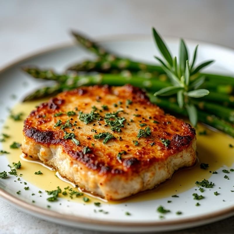 Garlic Herb Pan-Seared Pork Chop with Roasted Asparagus
