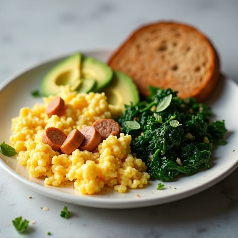 Egg White Scramble with Turkey Sausage and Sautéed Spinach