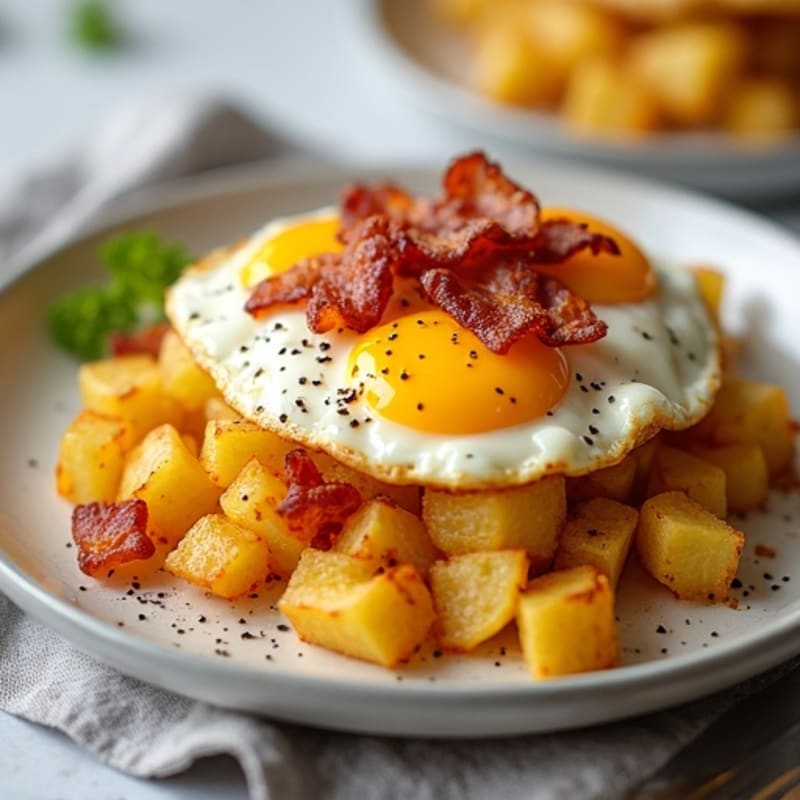 Crispy Potato Hash with Fluffy Scrambled Eggs and Savory Bacon