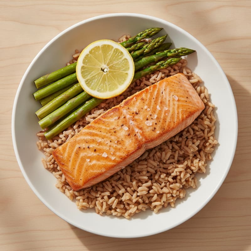 Seared Salmon Fillet with Steamed Asparagus and Brown Rice