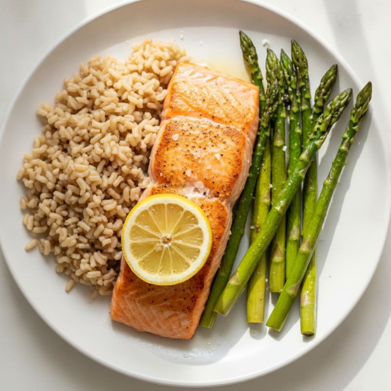 Seared Salmon Fillet with Roasted Asparagus and Brown Rice