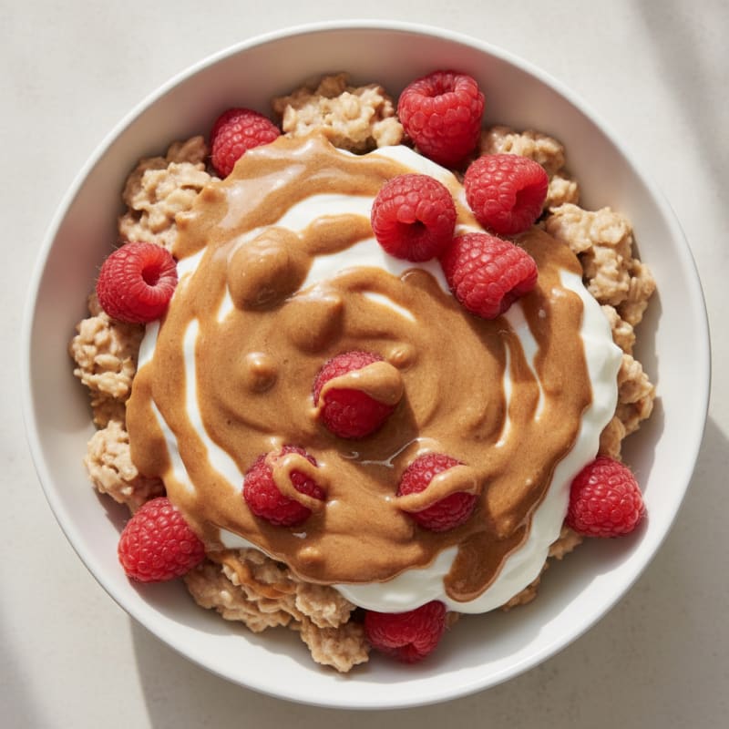 Berry Oatmeal Yogurt Bowl with Almond Butter Drizzle