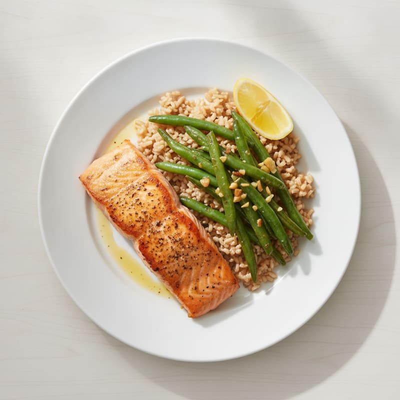 Seared Salmon with Garlic Green Beans and Brown Rice