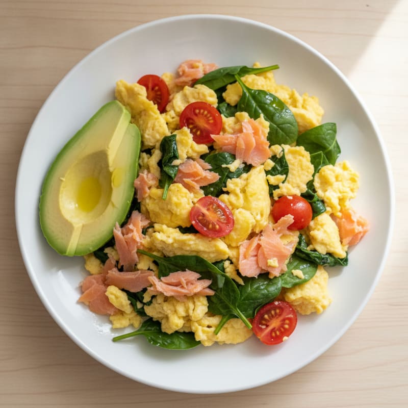 Smoked Salmon Scramble with Spinach and Cherry Tomatoes
