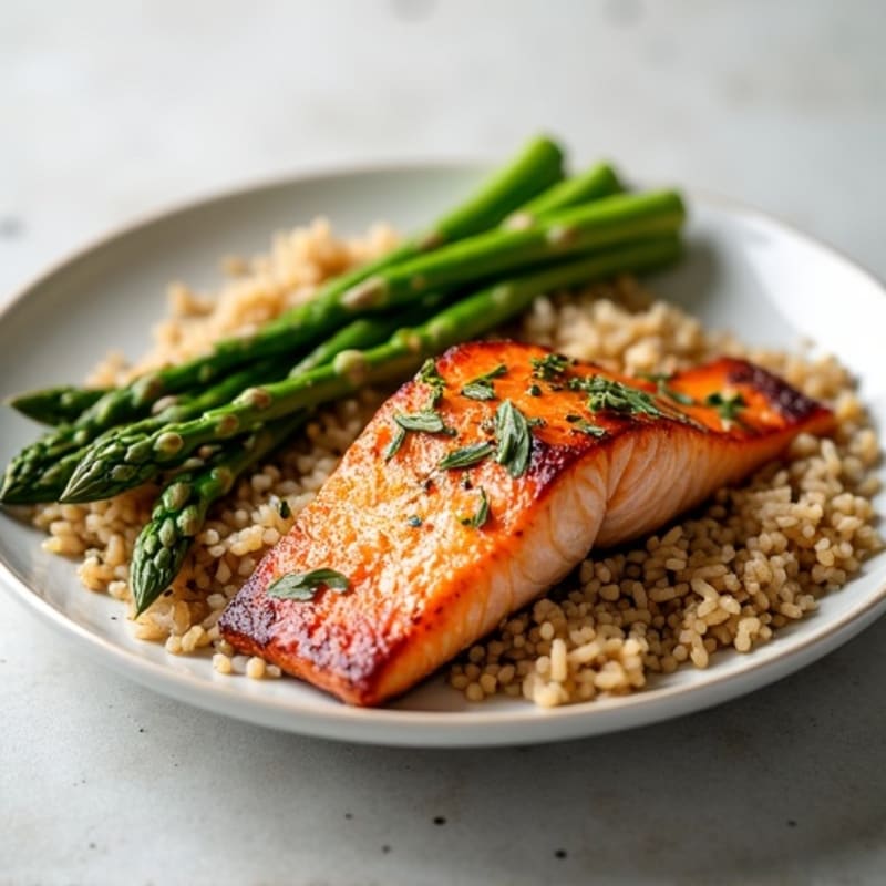 Seared Salmon with Steamed Asparagus and Brown Rice