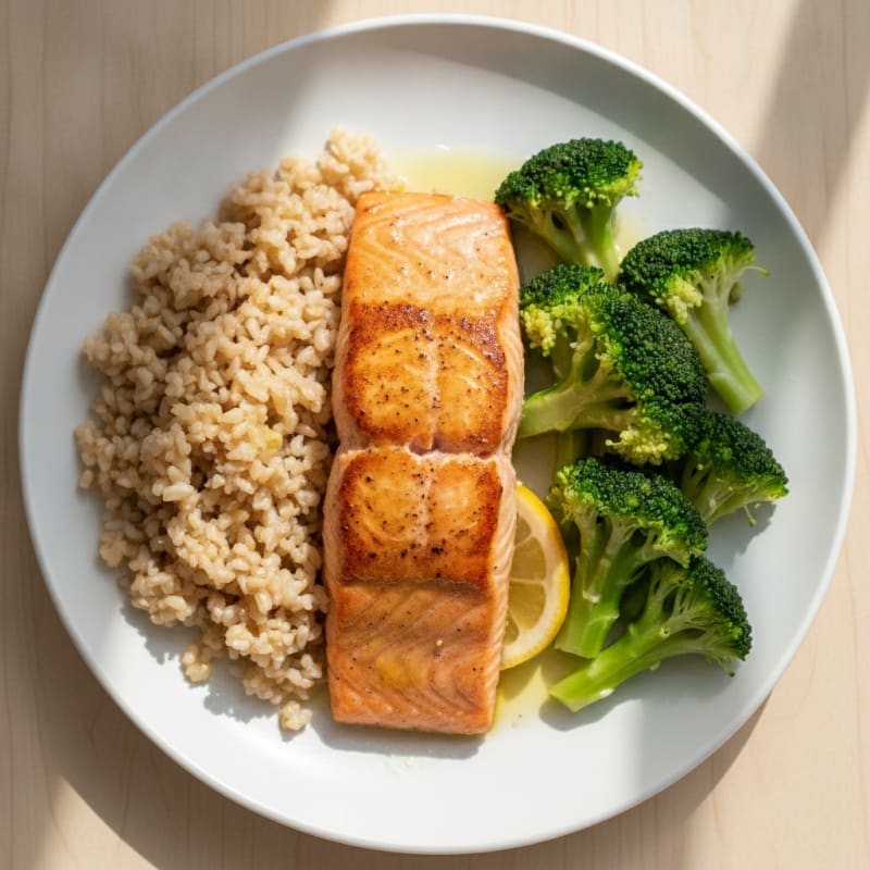 Seared Salmon Fillet with Steamed Broccoli and Brown Rice