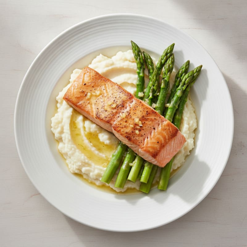 Seared Salmon Fillet with Steamed Asparagus and Cauliflower Mash