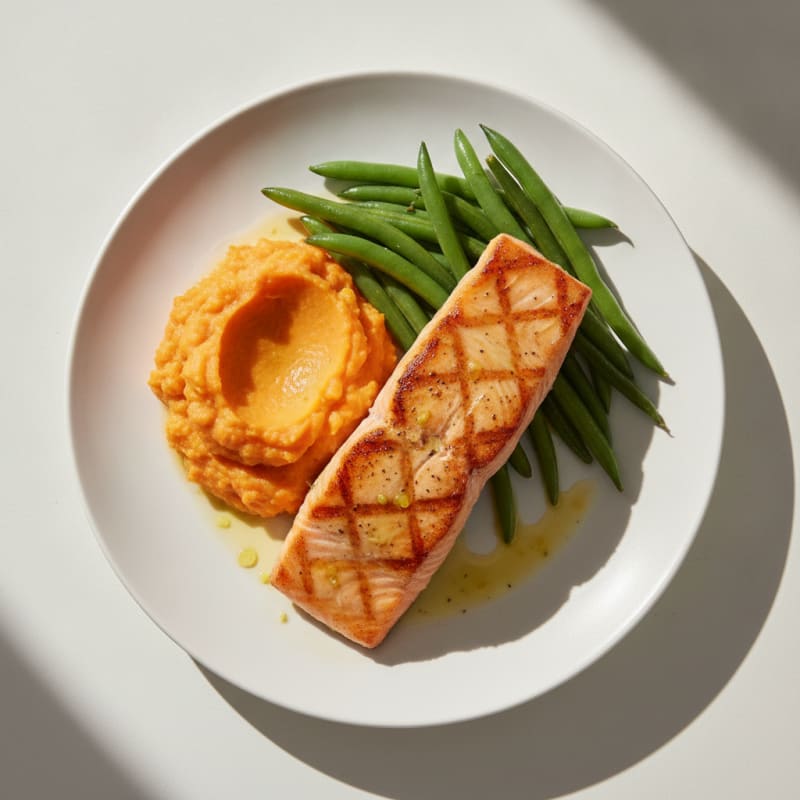 Seared Salmon with Steamed Green Beans and Sweet Potato Mash