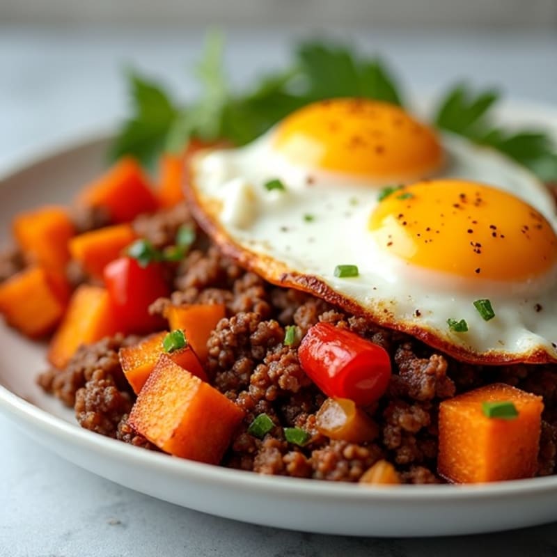 Crispy Sweet Potato and Ground Beef Hash with Sunny-Side Up Eggs