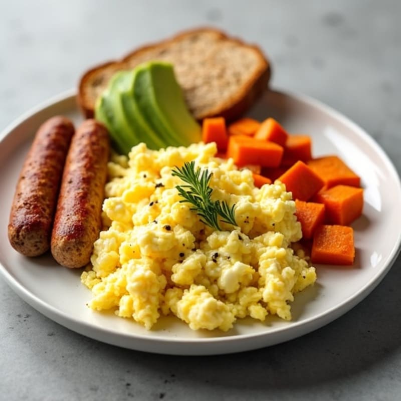 Egg White Scramble with Turkey Sausage and Roasted Sweet Potatoes