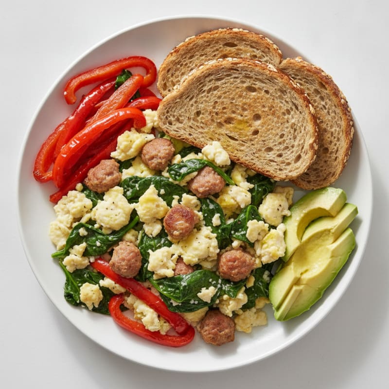 Egg White Spinach Scramble with Turkey Sausage and Sautéed Peppers