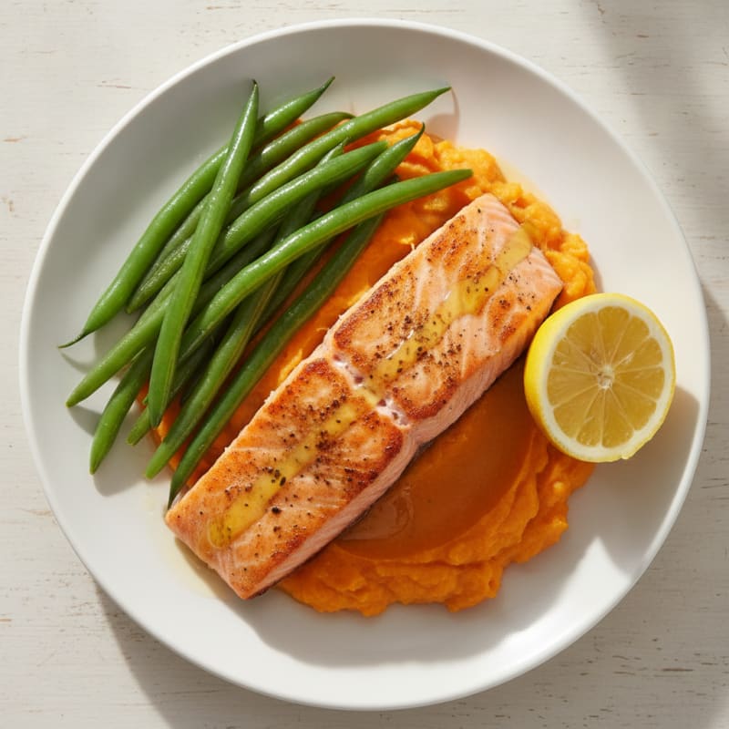 Seared Salmon with Steamed Green Beans and Sweet Potato Mash