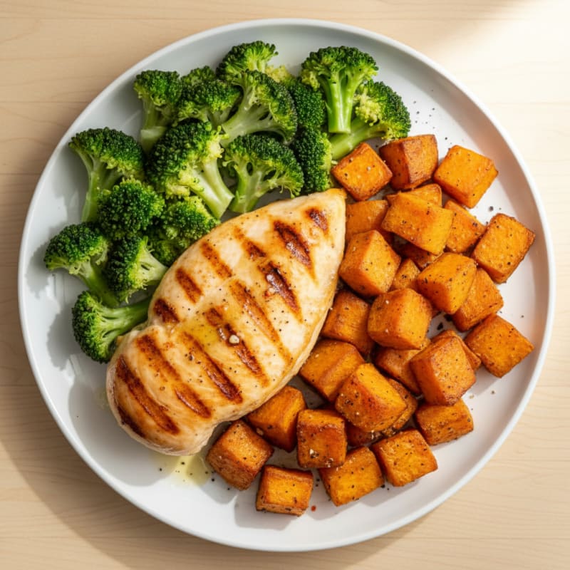 Grilled Chicken Breast with Roasted Sweet Potato and Steamed Broccoli