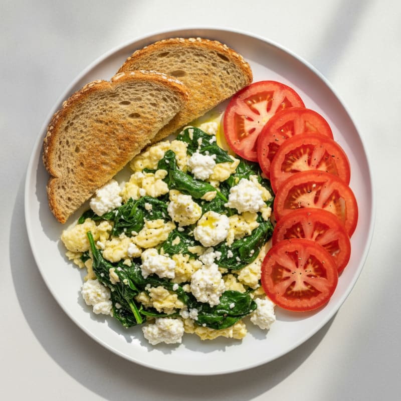 Egg White Spinach Scramble with Cottage Cheese and Sliced Tomatoes