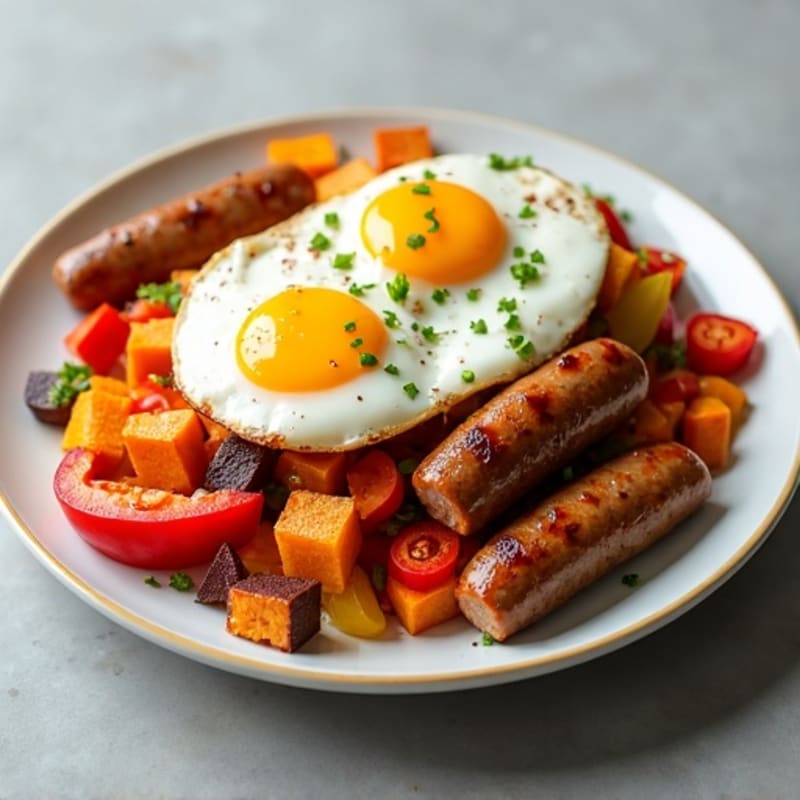 Crispy Sweet Potato Hash with Lean Turkey Sausage and Baked Eggs