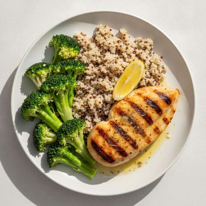 Grilled Chicken Breast with Steamed Broccoli and Quinoa