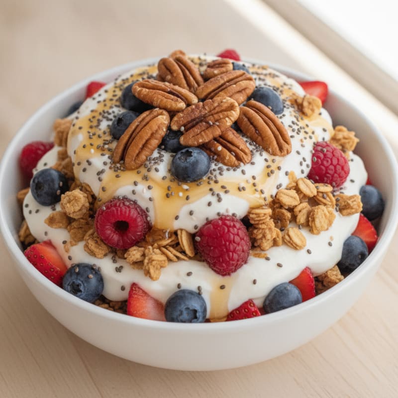 Greek Yogurt Parfait with Protein Granola and Mixed Berries