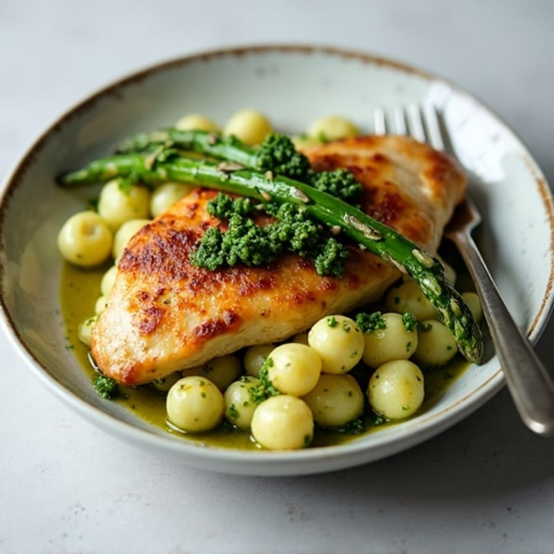 Cauliflower Gnocchi with Fresh Pesto, Roasted Chicken, and Crispy Asparagus