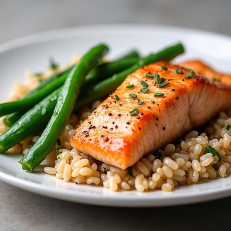 Seared Salmon with Garlic Green Beans and Brown Rice