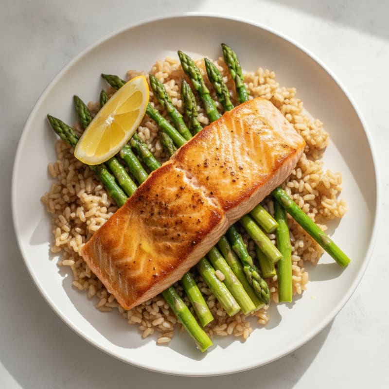 Seared Salmon with Steamed Asparagus and Brown Rice
