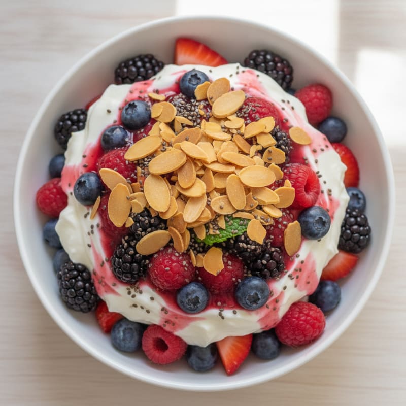 Greek Yogurt Protein Parfait with Mixed Berries and Almonds