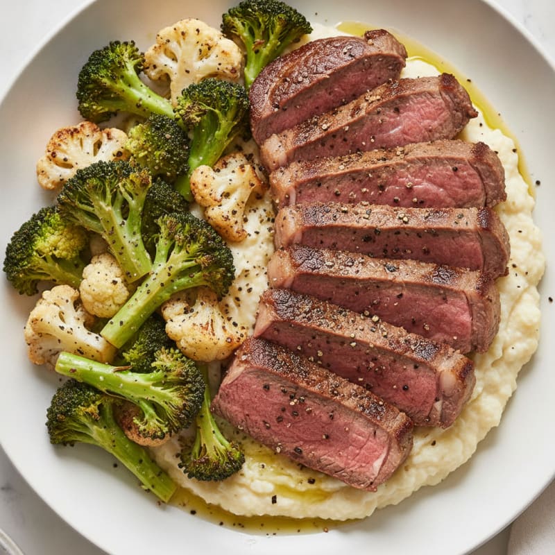 Seared Lean Beef with Roasted Broccoli and Cauliflower Mash