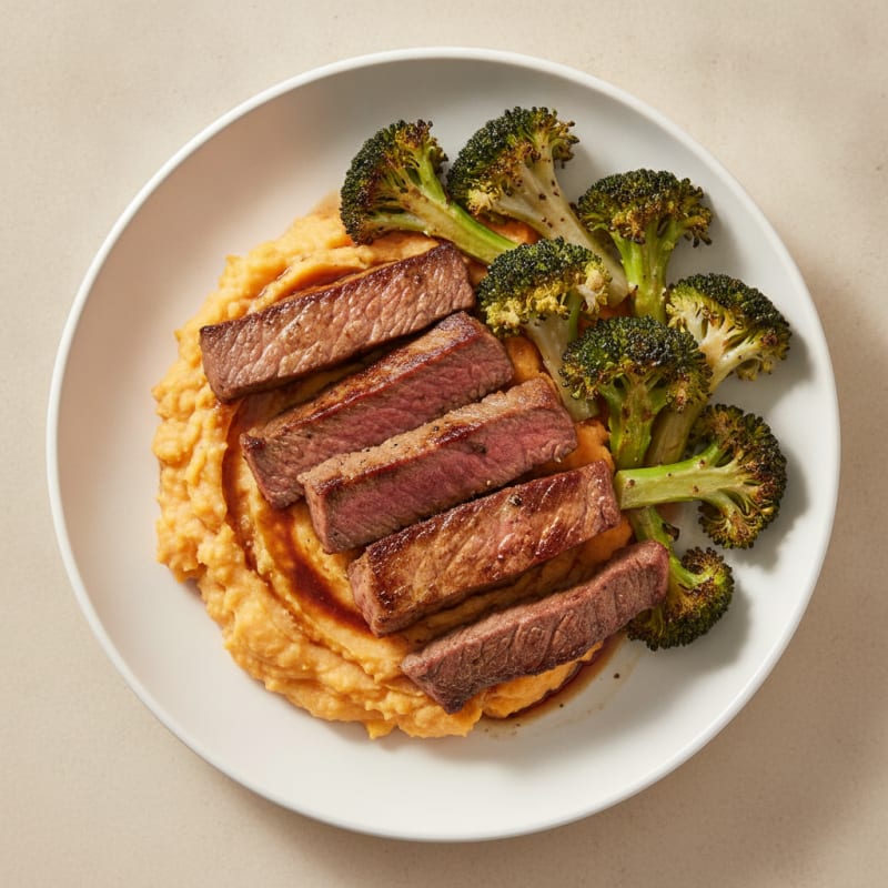 Seared Lean Beef Strips with Roasted Broccoli and Sweet Potato Mash