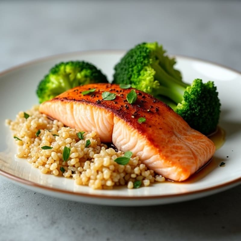 Seared Salmon with Steamed Broccoli and Quinoa