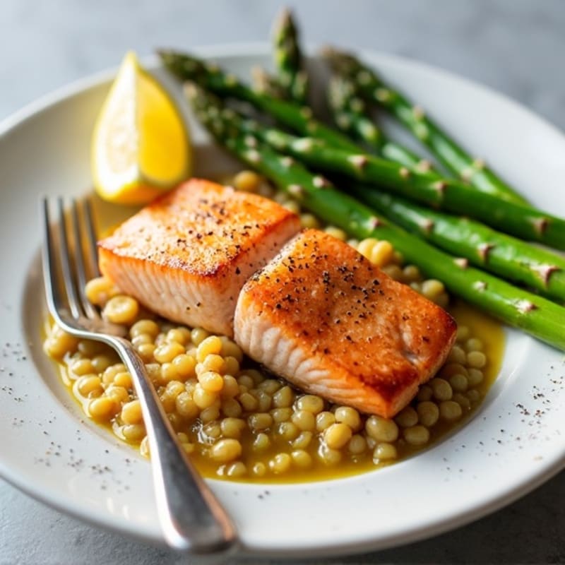 Seared Salmon Fillet with Steamed Asparagus and Lentil Mash