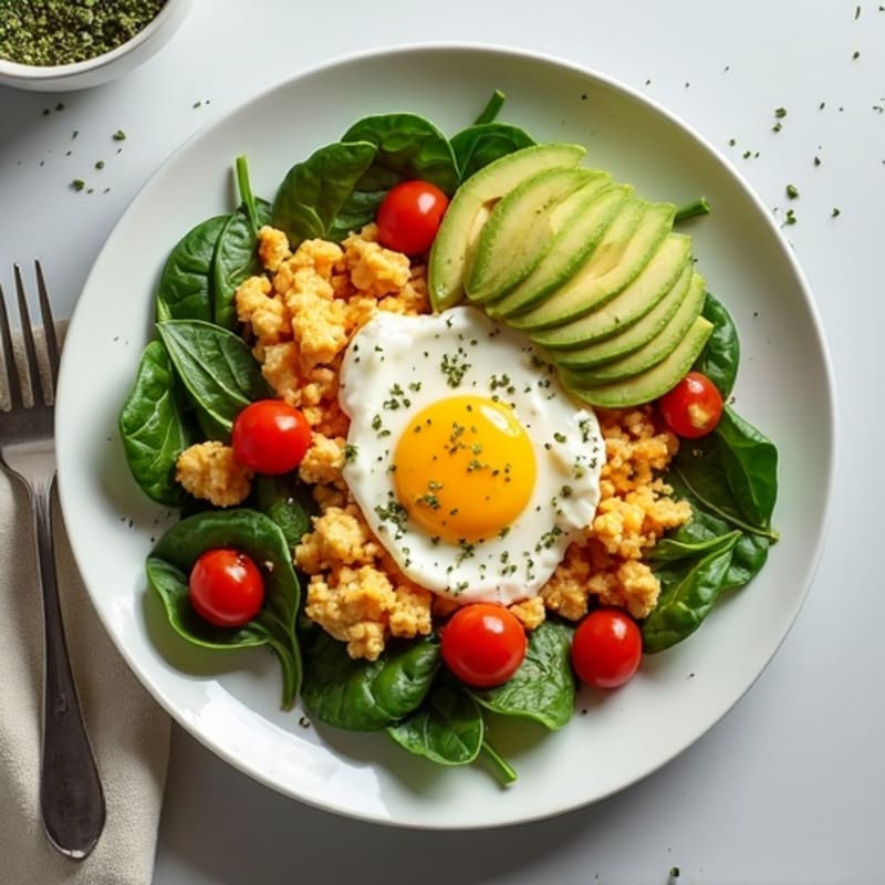 Egg White and Spinach Scramble with Cottage Cheese and Cherry Tomatoes