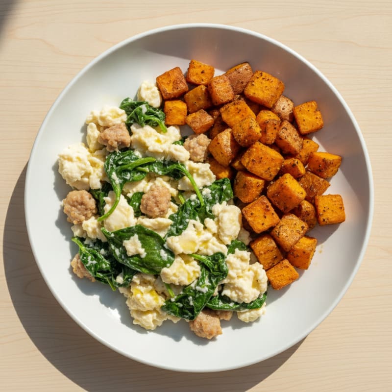 Egg White and Turkey Sausage Scramble with Spinach and Roasted Sweet Potatoes