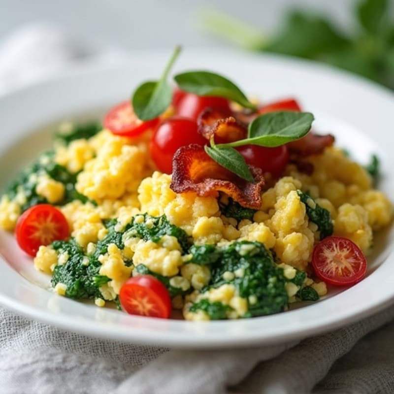 Cottage Cheese Egg White Scramble with Spinach and Turkey Bacon