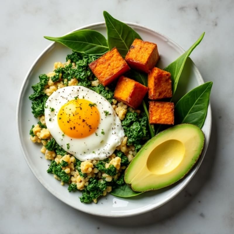 Egg White and Spinach Scramble with Roasted Sweet Potato & Avocado